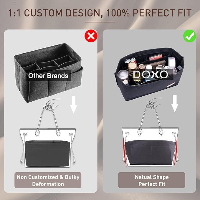 Doxo Purse Organizer Insert for Handbags & Base Shaper 2pc Set, Felt Neverfull PM Organizer Insert, Tote Bag Organizer with Zipper Pocket and Bottle Holder, Fit Neverfull PM and More, Black-M - Image 5