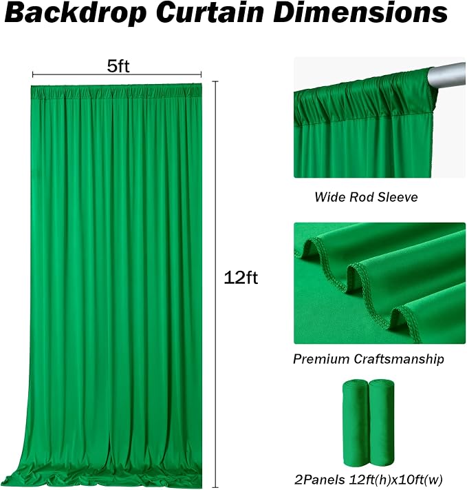 10x12 ft Green Backdrop Curtains for Weddings Parties, Birthdays and Photos | 2 Panels 5x12 ft, Wrinkle-Free Polyester Drapes, Washable, Ironable, 4 in Rod Pocket for Baby Showers Photography Background - Image 4