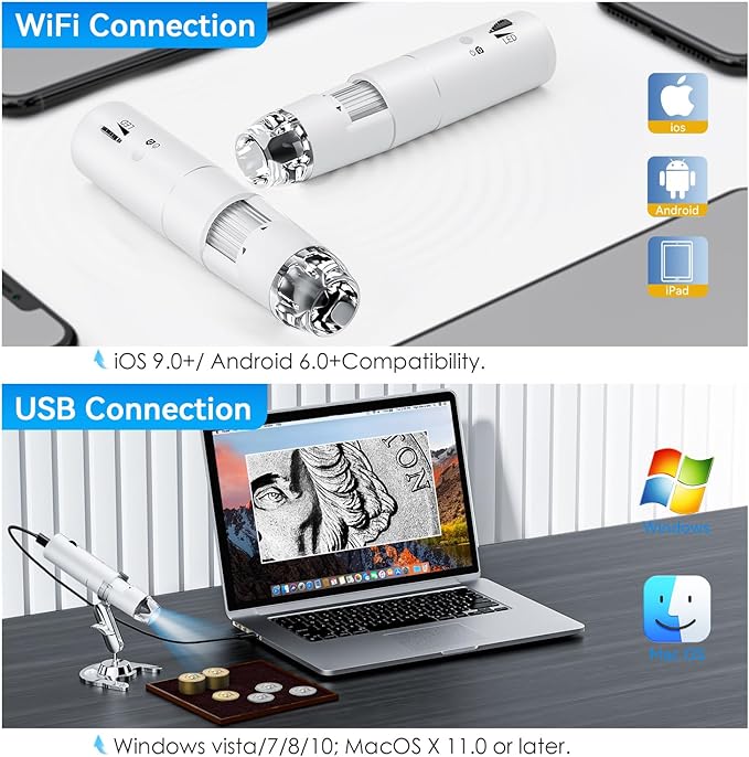 Wireless Digital Microscope, Skybasic 50X-1000X Magnification WiFi Pocket Handheld Microscopes with Stand HD USB Microscope Camera Compatible with iPhone Android iPad Windows Mac Computer (White) - Image 2