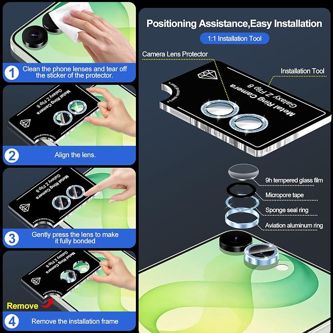 for Samsung Galaxy Z Flip 8 Camera Lens Protector, Individual Metal Ring Tempered Glass Lens Cover, [Strong Adsorption] Scratch Resistant Ultra-Thin HD Clear Lens Cover, 1 Set-Blue Sparkly - Image 7