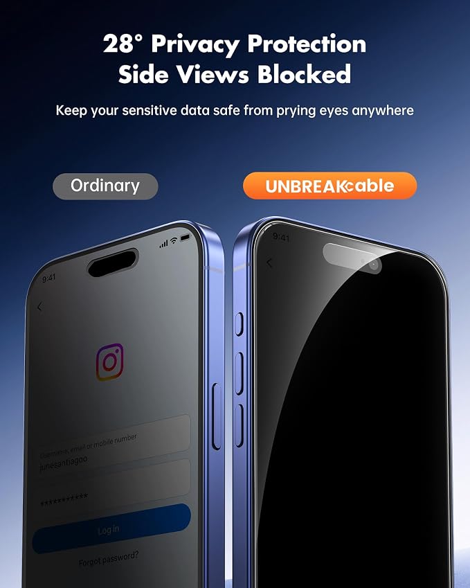 UNBREAKcable Privacy Screen Protector for iPhone 16, 2-Pack | True 28° Anti-Spy, Shatterproof Tempered Glass, 9H Hardness, Easy Install, Bubble-Free, Anti-Scratch, Case Friendly - Image 2