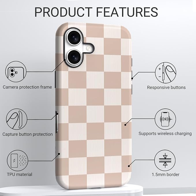 TPU Phone Case for iPhone 16, MagSafe Wireless Charging Compatible, Shockproof Slim Fit Protective Cover with Anti-Yellowing & Raised Camera Protection (Plaid 2, iPhone 16) - Image 3