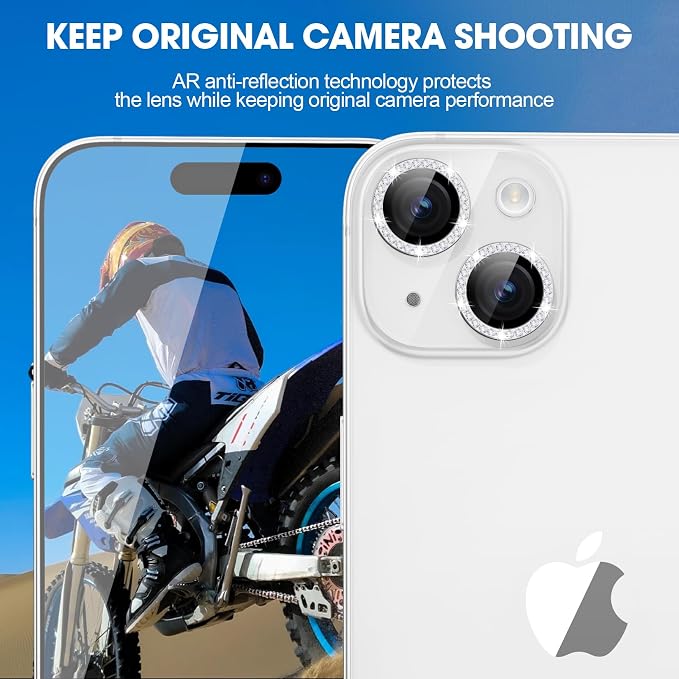 for iPhone 15/15 Plus Camera Lens Protector Bling Diamond, Silver | Individual Metal, 9H Hardness, Scratch Resistant, Shockproof, Drop Protection, Case Friendly, Stylish Accessories - Image 4