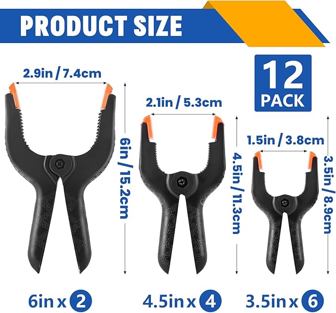 12 Pack Plastic Spring Clamps Set, 3 Sizes of Spring Clips | 3.5 Inch, 4.5 Inch, 6 Inch Set, Black Heavy Duty Clips, Backdrop Clips, Woodworking Clamps, Plastic Clamps for Photography ﻿ - Image 2
