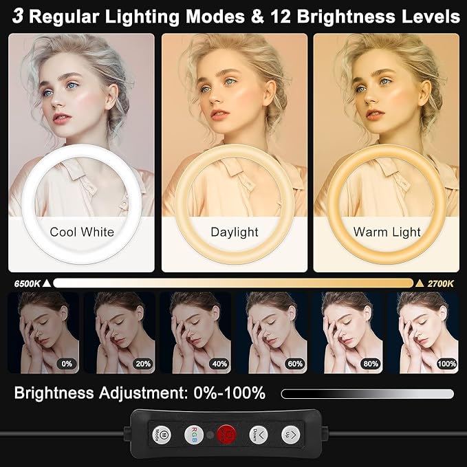10.3" Selfie Ring Light with Stand and Phone Holder, 73" Tripod 96 RGB Mode | Remote for iPhone &Android Camera. LED Halo Light for Photo/Video Recording/TikTok/Makeup. Vlogging Circle Ringlight Dimmable - Image 2