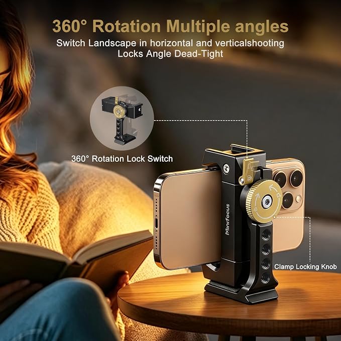 Minifocus Metal Phone Tripod Mount | 1/4" Threads with Cold Shoe|360° Rotatable Phone Clamp|Compatible with sellphone for Selfie Stick|Tripod|Streaming - Image 4