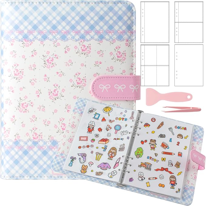 Reusable Sticker Book Collecting,A5 Binder Album Storage Organizer with Blank Release Paper and Pocket for Adult Kids,Cartoon Leather Binder Cover & Magnetic Buckle Closure(flower) by BUYNOW