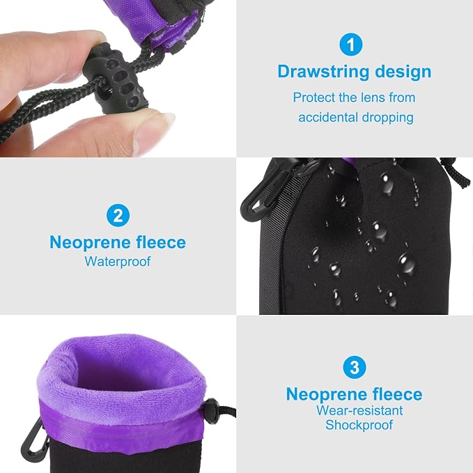 PATIKIL Camera Lens Bag, 3.5" IDx9.8 H Drawstring Lens Pouch with Thick Protective Neoprene, Lens Case for DSLR Camera Lens, Water Coffee Cups, Black, Purple - Image 4
