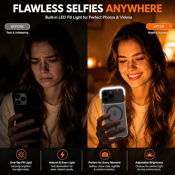 tesha Selfie Light Case for iPhone 16 Pro Max, MagSafe, Camera Detector | 2-Level LED Brightness, IR Hidden Camera Scanner, Drop Protection, Rechargeable Light Up Cover, No APP Needed for Video Vlog - Image 2