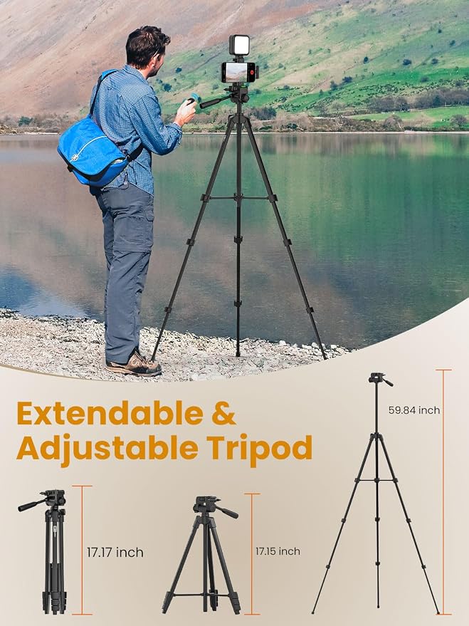 Vlogging Kit w/Light Wireless Mic,59" Full-Size Tripod Vlog K5 | Content Creator Essentials for iPhone & Android,w/ 1TX+1RX Lavalier Mic,Automatic Switch Phone Clamp,Camera Mount Tripod - Image 7