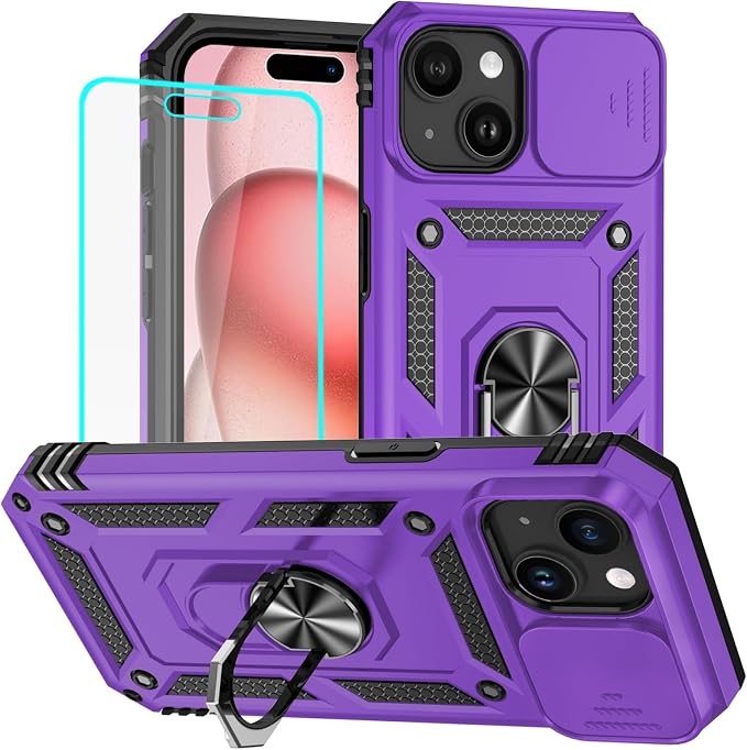 HNHYGETE for iPhone 15 Case with HD Screen Protector: [Military Grade 20ft. Drop Tested] Ring Shockproof Protective Phone Case for - iPhone 15 Purple by HNHYGETE