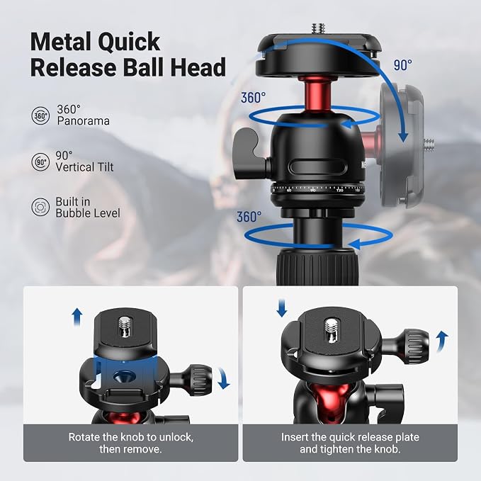 NEEWER Basics 57" Camera Tripod Monopod with Arca Type QR Plate Ball Head & Cell Phone Holder, Compact Portable Travel Stand for iPhone DSLR Camcorder Streaming Video Recording, 6.6lb/3kg Load, TP68 - Image 3