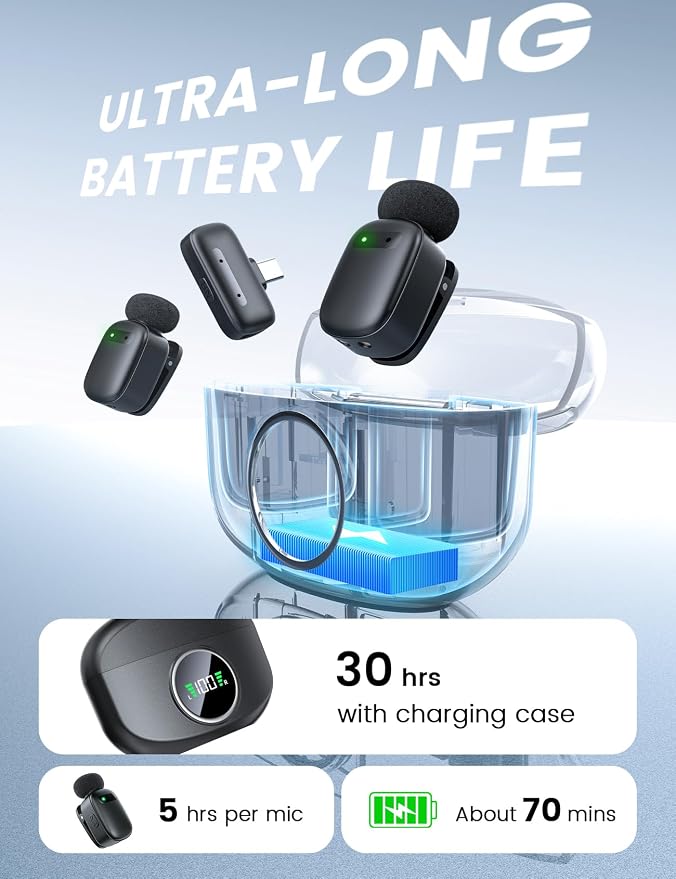 Wireless Mini Lavalier Microphone for iPhone & Android, Dual Clip-On Mics with 30H Charging Case, Intelligent Noise Cancellation, Tiny Portable Mic for Vlogging, TikTok, Live Stream, Teaching Meetings - Image 3