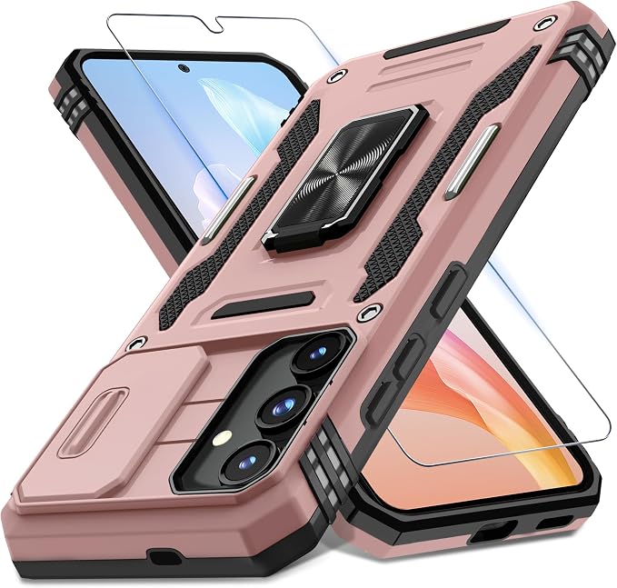 DEERLAMN Case for Samsung Galaxy S25 Plus/S24 Plus 6.7-Inch with Slide Camera Cover+Screen Protector(1 Pack), Rotated Ring Kickstand Military Grade Shockproof Protective Cover-Rose Gold by DEERLAMN