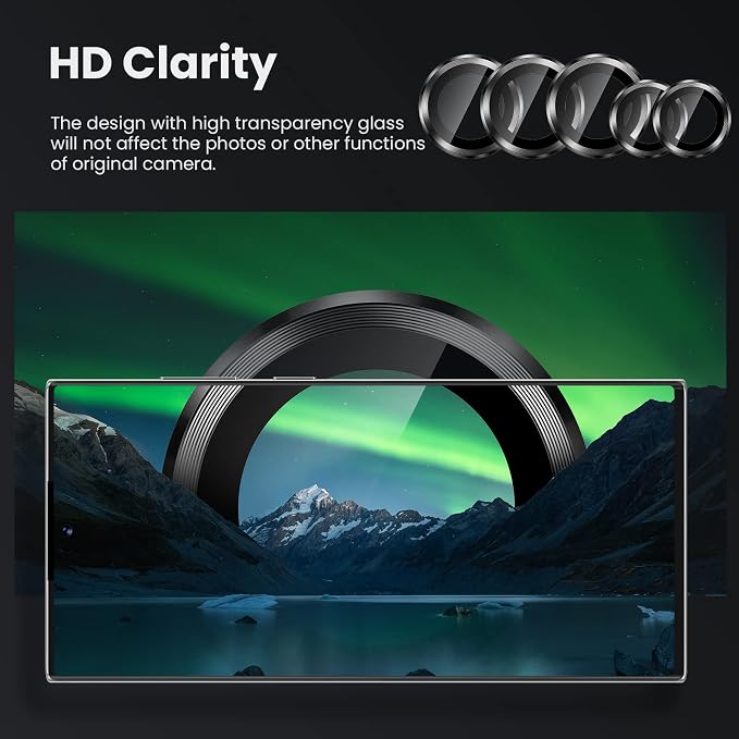 Tensea Compatible with Samsung Galaxy S22 Ultra Camera Lens Protector | 9H Tempered Glass Camera Cover Screen Protector Metal Individual Ring [Installation Tray][Case Friendly] - Image 5