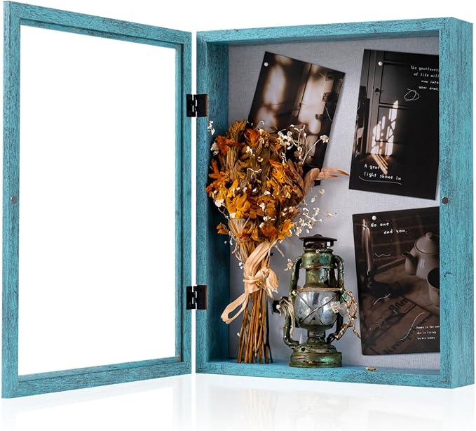 Muzilife 11x14 Shadow Box Picture Frame, 2.16 Deep, HD Glass, Rustic Blue | FSC-Wood, Magnetic Door, Linen Interior & Pins, Vertical, Horizontal Wall Hanging, Display Case Frame for Photos & Keepsakes by Muzilife