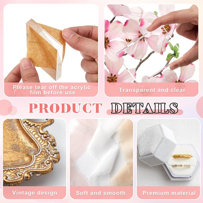 Cinnvoice 20 Pcs Flat Lay Props for Wedding Jewelry, Vintage Tray, White | Velvet Ring Boxes with Gold Tray, Acrylic Backdrops, Multi-color Staging Cards for Jewelry Display and Bridal Photography - Image 4