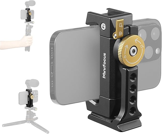 Minifocus Metal Phone Tripod Mount | 1/4" Threads with Cold Shoe|360° Rotatable Phone Clamp|Compatible with sellphone for Selfie Stick|Tripod|Streaming by MINIFOCUS