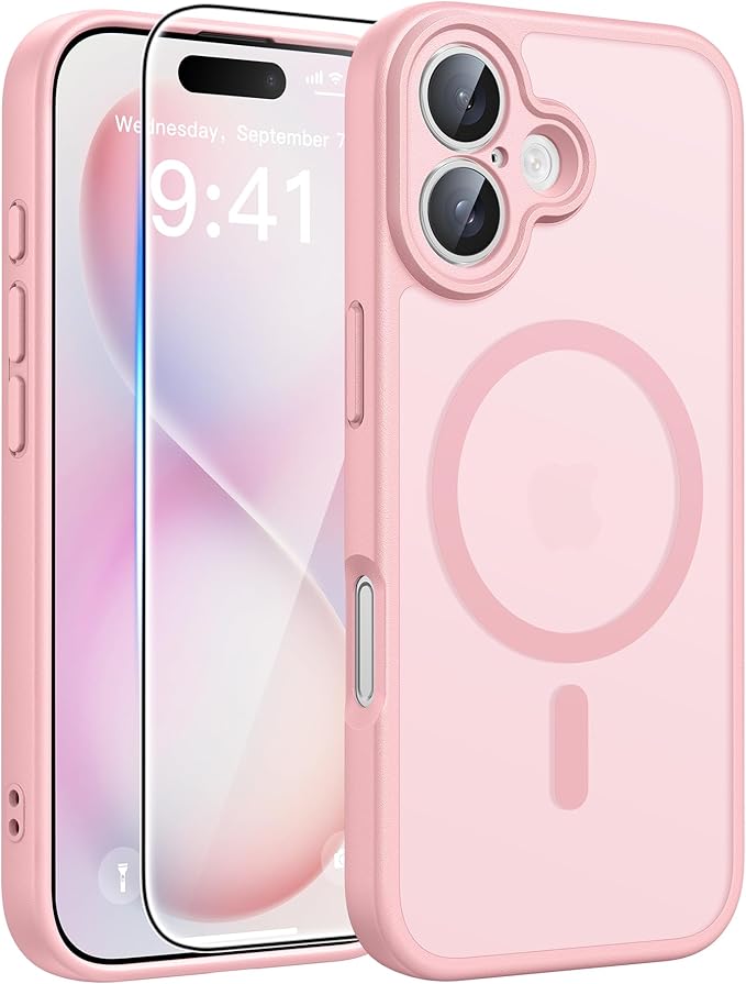 FNTCASE for iPhone 16 Plus Case, Fit for Magsafe, Screen Protector | Full Camera Protection,Translucent Matte, 14FT Military Grade Drop Proof, Shockproof Protective Phone Cover, Light Pink by FNTCASE