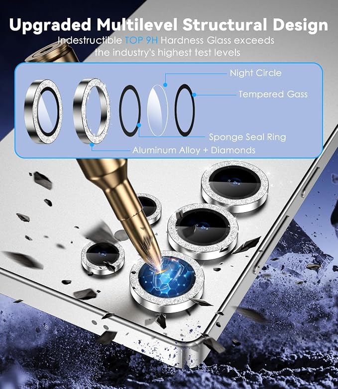 CloudValley for Samsung Galaxy S25 Ultra Camera Lens Protector Bling | 9H Tempered Glass + Aluminum Alloy Lens Protective [Glitter Decoration] Ultra-HD Camera Cover,Glitter Titanium Whitesilver - Image 2