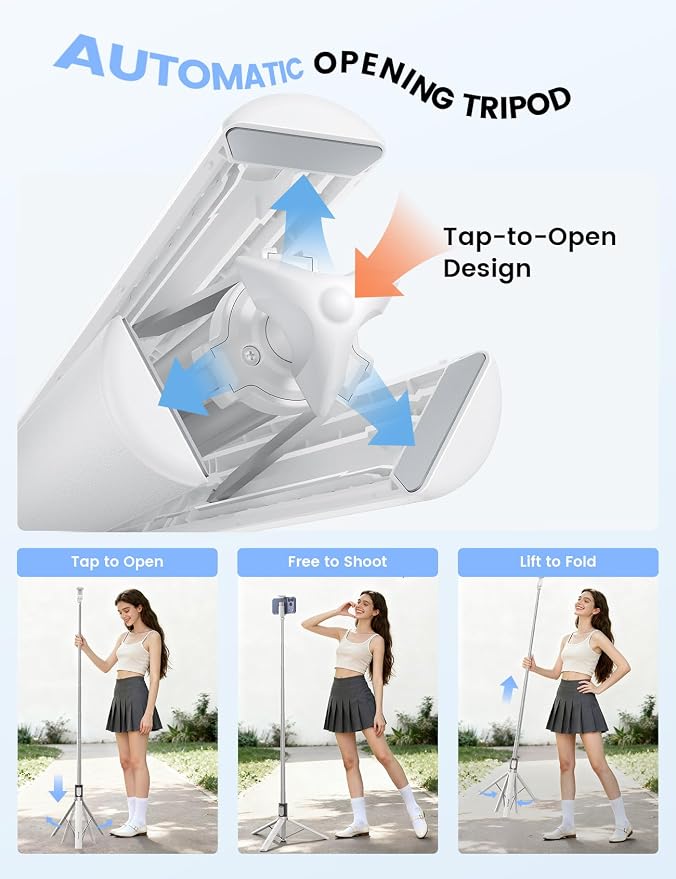 Lamicall 65" Tripod for iPhone 0.77lb Selfie Stick with Remote & Cold Shoe | Auto Open Phone Tripod Ultra-Stable Phone Stand for Recording for Travel Live Stream Vlog fit iPhone 17 Pro Max Android-White - Image 2
