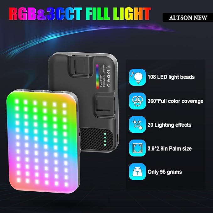 108 LED Video Light, 2500K-6500K RGB Selfie Light for iPhone-CRI 97+, 2200mAh Camera Light with 3CCT/RGB 360° Full Color/20 Lighting Effects, Portable Phone Light for Party, Photography, Streaming - Image 2