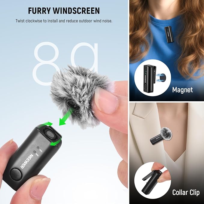 NEEWER KM23B Wireless Lavalier Microphone Bluetooth App Control, Compatible with iPhone Android Phone 8Hrs Battery Vocal Enhancement Noise Cancellation Volume Adjustment Low Cut for Streaming Vlogging - Image 2