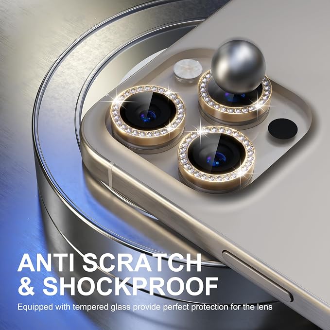 Choiche for iPhone 15 Pro/iPhone 15 Pro Max Camera Lens Protector | Ultra HD, Bling 9H Tempered Glass Camera Cover Screen Protector Metal Ring Decoration Accessories (Diamond-Gold) - Image 3