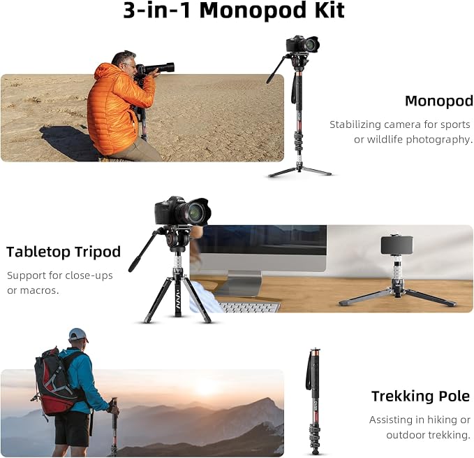 Cayer CF34 Carbon Fiber Monopod, 72" Fluid Head with Folding Base for DSLR | Carbon Fiber Monopod Kit, Fluid Head, Folding Support Base, 2 Quick Release Plates, Dual-Mode Compatible Mount - Image 6