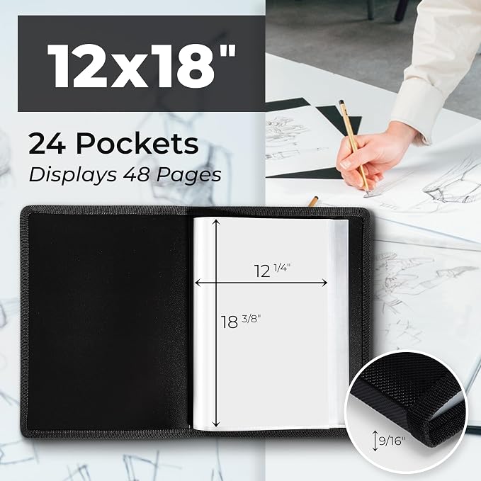 Dunwell 12x18 Art Portfolio Binder, 24-Sleeve, Black Mounting Paper, Black | 24 Clear Sleeves, Displays 48 Pages, Black Mounting Paper Included, Artwork Storage, Acid-Free Poly Protection - Image 2