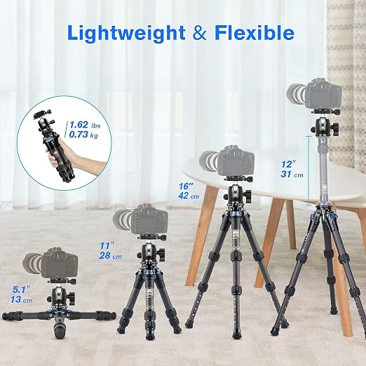 SIRUI AM-223 Carbon Fiber Camera Tripod Mini Travel Compact Tripod with 360° B-00K Ball Head, Arca Swiss Quick Release Plate, Loads up 15KG, Max Height 16", Folded Height 12.1",Black - Image 4