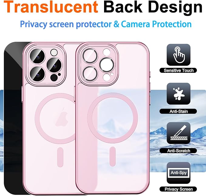 for iPhone 13 Pro Max Case with Privacy Screen Protector, Pink | Full Camera Protection, Translucent Matte Magnetic, Compatible with MagSafe, Shockproof Phone Cover, Slim Fit Women/Girls - Image 2