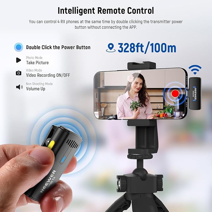 NEEWER Wireless Lavalier Microphone System for iPhone, Mini Clip on Lapel Mic Set with 2 USB C Transmitters/4 Receivers/OTG Adapter Compatible with iPhone Android Phone Computer Tablet, Black, KM20 - Image 5