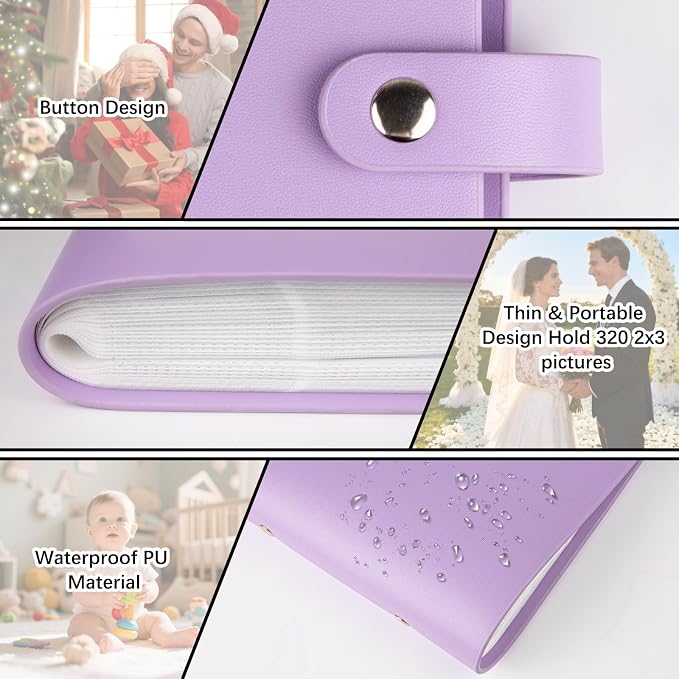 Veicevol 320-Pockets Album for Instax Mini & Polaroid 2x3 in Photos, Purple | Designed for Fujifilm Instax Mini and Polaroid 2x3 Photos, PU Leather Cover with Snap Closure Holds Up to 320 Photos Securely - Image 4