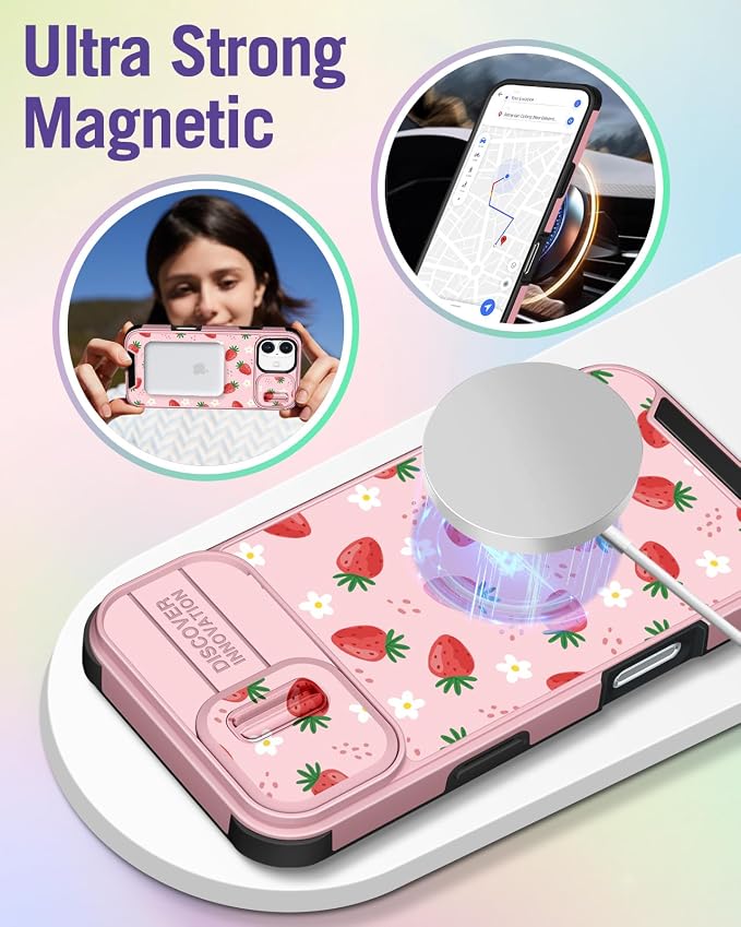 Buleens for iPhone 16 Plus Case 6.7 Inch - with Ring Stand & Camera Cover Aesthetic Cute Designed for Women Girls Pretty Girly Kawaii Strawberry Phone Case for iPhone 16 Plus Compatible with Magsafe - Image 4
