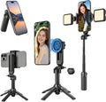 14.5" Mini Magnetic Tripod for iPhone with Light, Selfie Stick with Remote for MagSafe, Portable Pocket Size Selfie Stick, Small/Compact Cell Phone Tripod Stand for Recording, Travel Vlogging-Black by PEYAKO