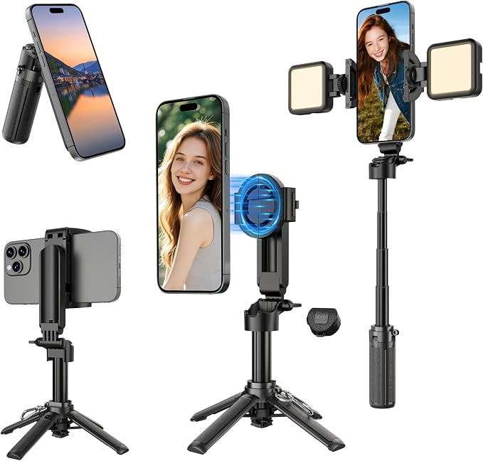 14.5" Mini Magnetic Tripod for iPhone with Light, Selfie Stick with Remote for MagSafe, Portable Pocket Size Selfie Stick, Small/Compact Cell Phone Tripod Stand for Recording, Travel Vlogging-Black by PEYAKO