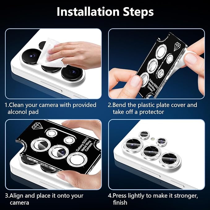 for Samsung Galaxy S26 Ultra Camera Lens Protector, Individual Metal Ring Tempered Glass Lens Cover, [Strong Adsorption] Scratch Resistant Ultra-Thin HD Clear Lens Cover,1 Set-Silvery Sparkly - Image 7