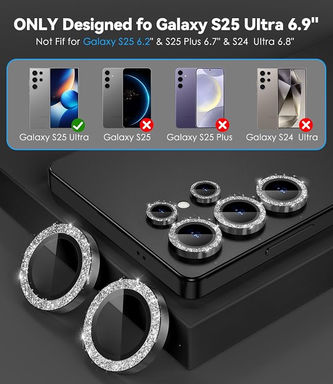 CloudValley for Samsung Galaxy S25 Ultra Camera Lens Protector Bling | 9H Tempered Glass + Aluminum Alloy Lens Protective [Glitter Decoration] Ultra-HD Tempered Glass Cover,Glitter Titanium Black - Image 6