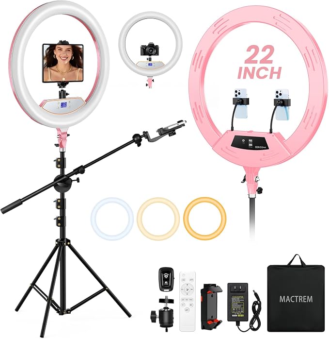 MACTREM Large 22" Ring Light with Stand for iPad iPhone Barber, 75" Tripod | 50W, 6500K CRI90+, LCD Display, 2 USB Ports, Overhead Tripod for TikTok YouTube Makeup Barber Tattoo Photography Video Studio by MACTREM