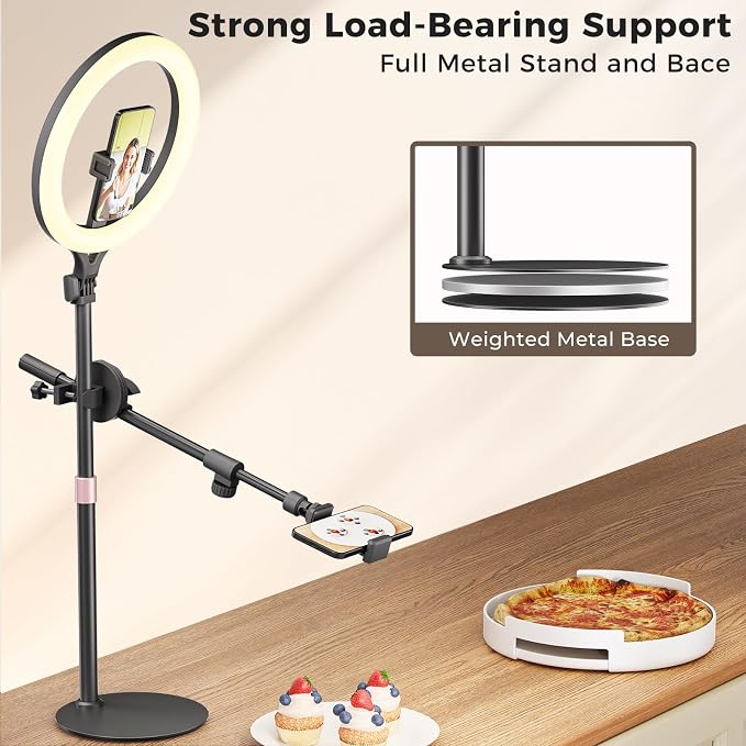 11" Desk Ring Light,Wireless Bluetooth Ring Light with Stand & Phone Holder,Overhead Phone Mount for Video Recording,Tripod for Cooking Videos,Webcam Lamp/TikTok/YouTube,Compatible with iPhone Camera - Image 3