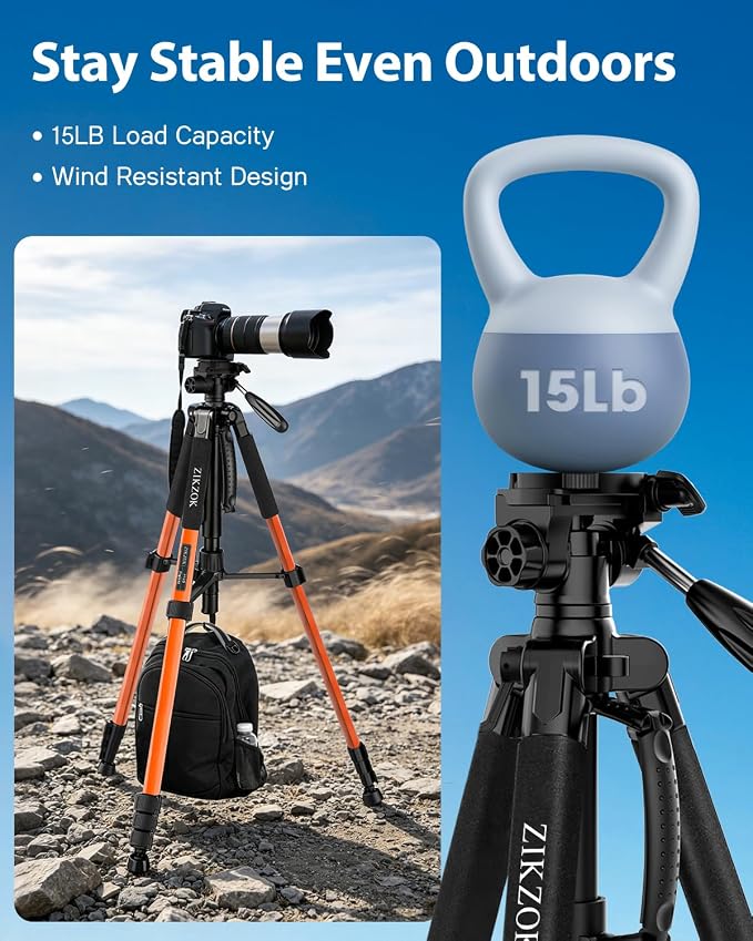 75inch Camera Tripod for ipad iPhone, Heavy Duty Aluminum Tripod with 360° Panoramic Ball Head,Compatible with Canon/Nikon/Sony DSLRs (Load 15 lbs for Travel/Live Streaming/Macro Shooting) - Image 3
