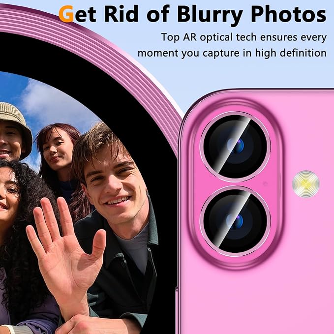 YWXTW for iPhone 16/16 Plus Camera Lens Protector, Individual Anti Scratch Metal Ring Tempered Glass Camera Screen Protector for iPhone 16 Accessories, Case Friendly (Pink) - Image 5