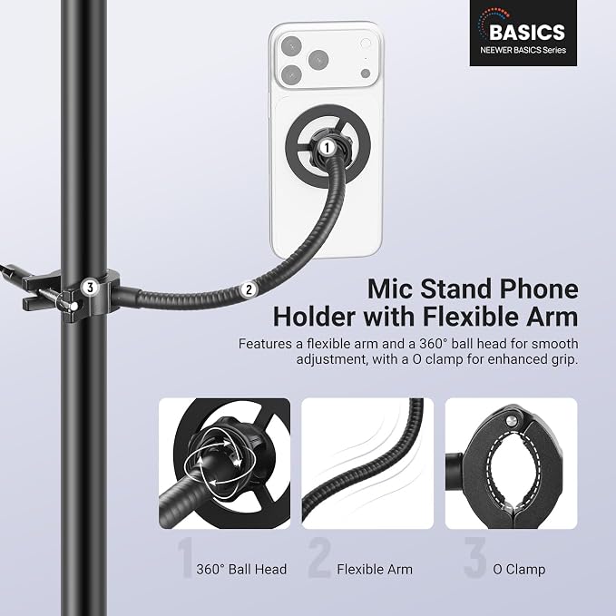 NEEWER BASICS Magnetic Phone Holder for Mic Stand with Flexible Tube, Magnet Adjustable Boom Pole Arm Mount Compatible with iPhone Android Samsung for Microphone Music Guitar Audio Recording, MS040 - Image 2