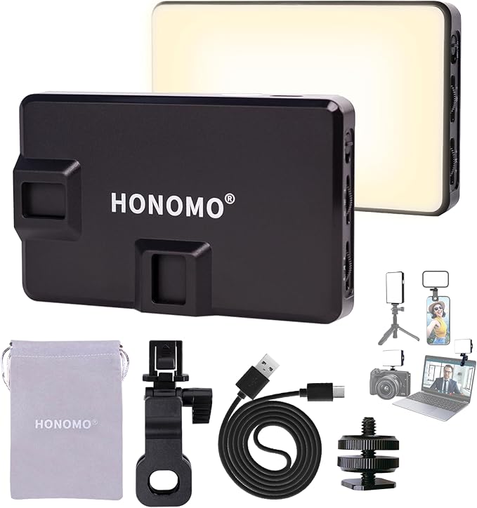 Portable Selfie Light for iPhone & Laptop, CRI 95+ Clip-On Phone Light for Video Recording, TikTok & Zoom, 45-Min Runtime Camera Light with 1/4" Thread, Cold Shoe Adapter & Screen-Protection Clip by HONOMO