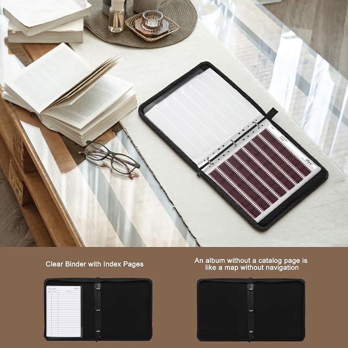 eTone Film Negative Storage Album, Black PU Leather, 50 35mm Acid-Free Sleeves, Triple Ring Binder Box, 13.18x7.08x1.96 Inch (Brown) - Image 8