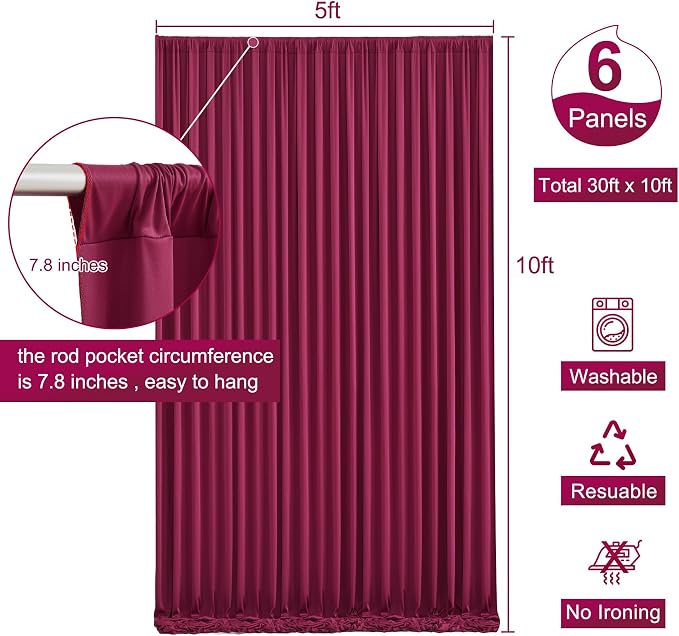 6 Panels Burgundy Backdrop Curtain for Parties Wedding Wrinkle Free Maroon Photo Curtains Backdrop Drapes Fabric Decoration for Birthday Engagement Ceremony 30ft(W) x 10ft(H) - Image 5