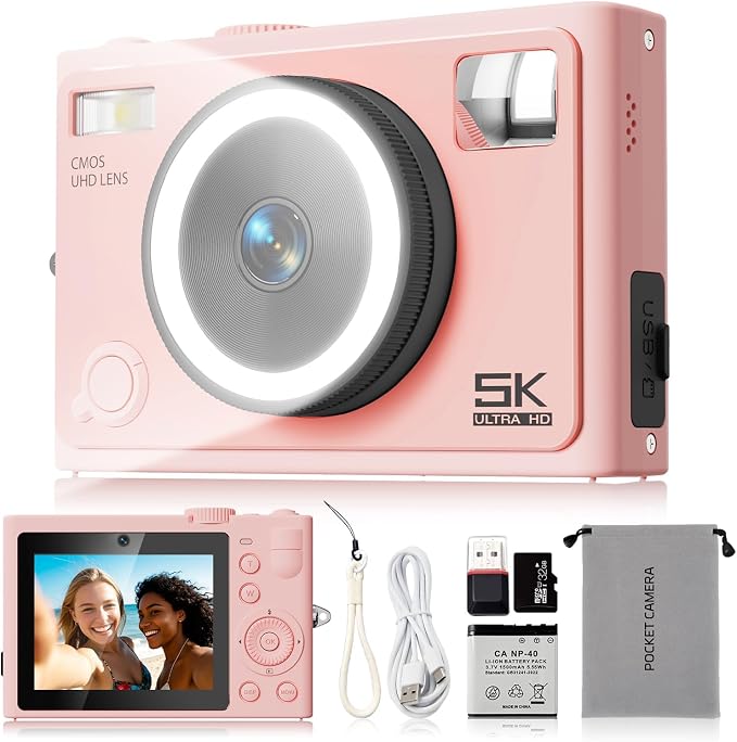5K 64MP Autofocus Digital Camera, 360° Ring Light with 32GB SD Card | Dual front & rear cameras with 5 instant filters | One‑click skin smoothing | Pocket‑sized | 64MP stills capability by ASTYPHER