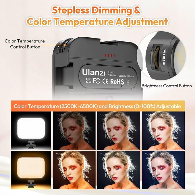 Ulanzi VL100X Selfie Light, Mini Clip LED Light Panel for Phone Bi-Color | 2500-6500K, Dimmable, with 4 Cold Shoe, 2000mAh Battery Typ-c Charge, for iPhone Laptop/Tablet/Camera, Video Conference Vlog - Image 2