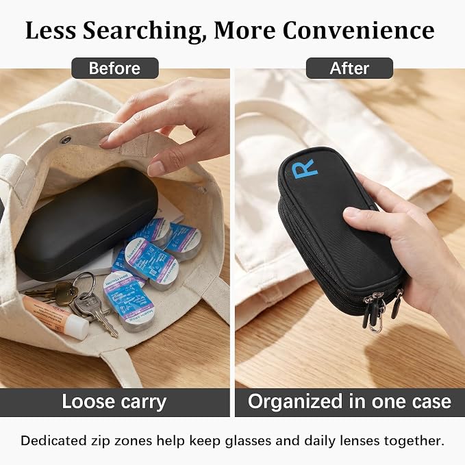 WOMACO Contact Lens and Glasses Organizer Case, 2-in-1 Travel Pouch for Daily Disposable Contacts and Eyeglasses, L/R Compartments, Soft Lining, Storage up to 10 Lens (Black, Medium) - Image 4